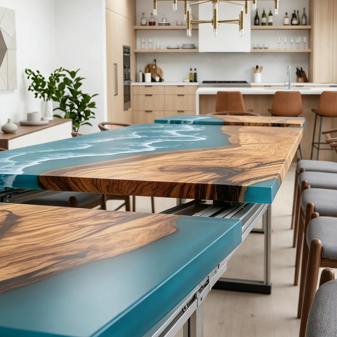 Seawavetable-bespoke solid wood epoxy extendable dining table blue ocean wave straight edge