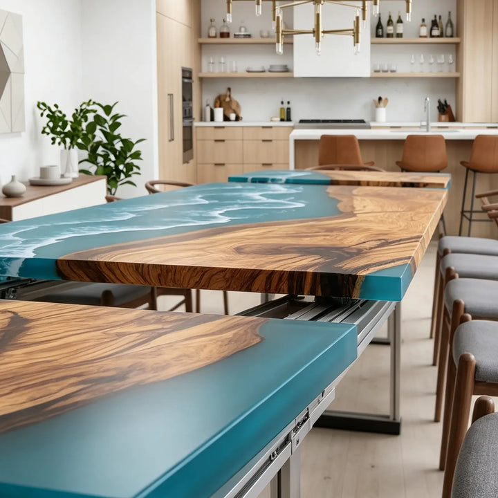 Seawavetable-bespoke solid wood epoxy extendable dining table blue ocean wave straight edge