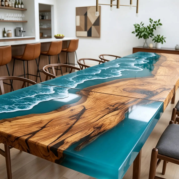 Seawavetable-expandable olive wood dining table blue resin ocean wave glossy tabletop