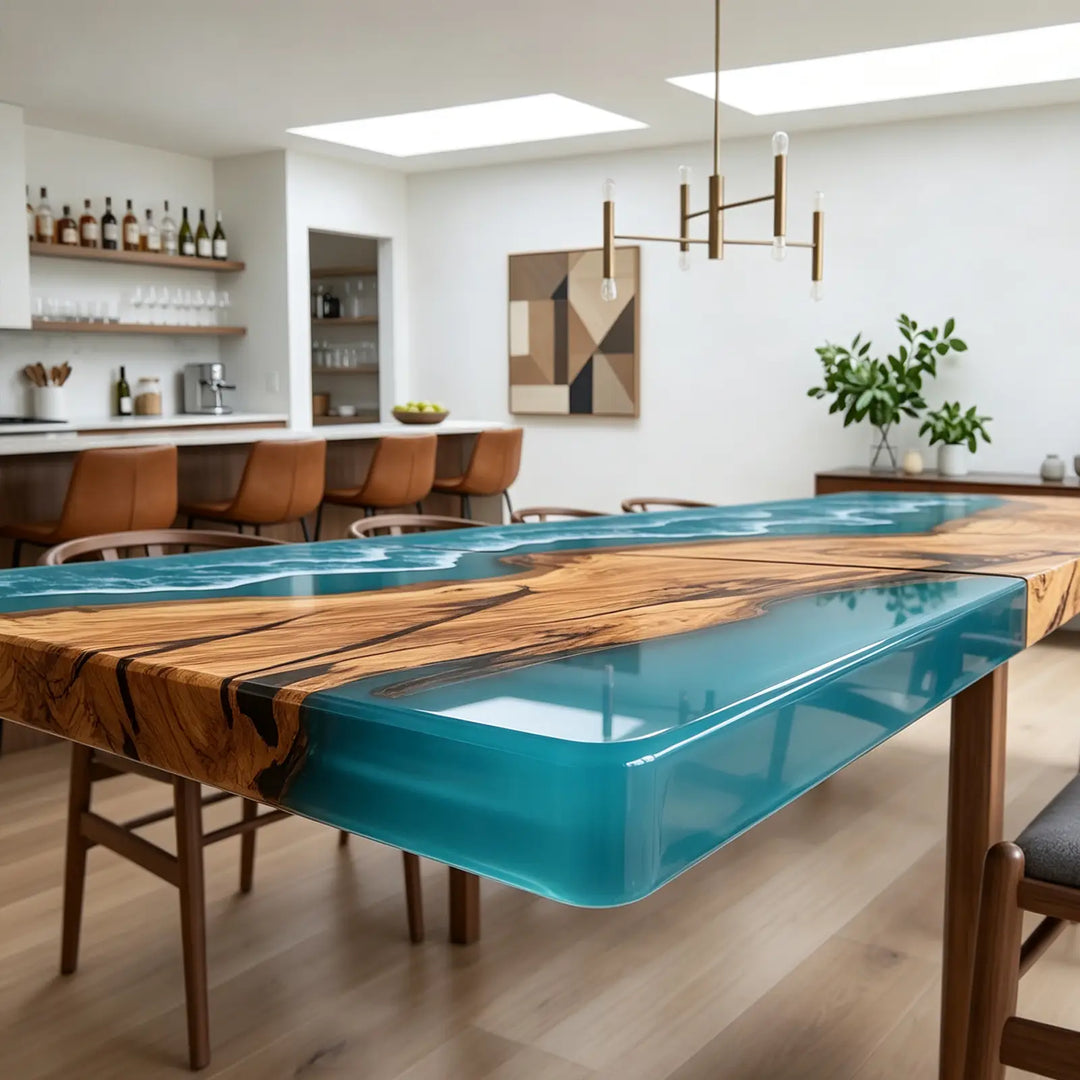 Seawavetable-handcrafted statement olive wood extendable table blue ocean wave epoxy surface