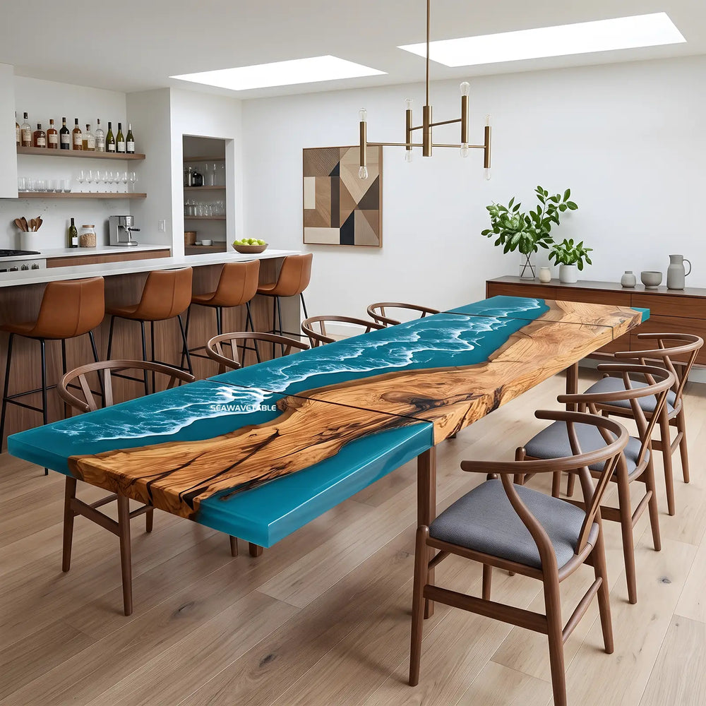 Seawavetable-handmade olive wood epoxy extendable table blue wave resin art for family gatherings