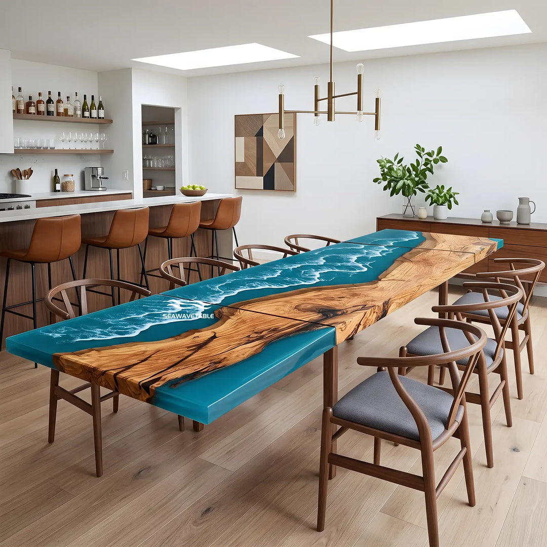 Seawavetable-handmade olive wood epoxy extendable table blue wave resin art for family gatherings