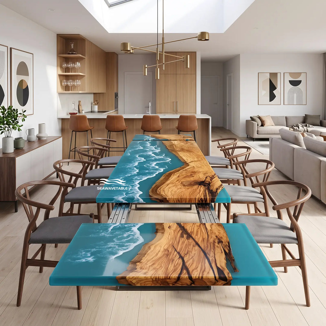 Seawavetable-olive wood extendable dining table blue ocean wave epoxy high gloss straight edge