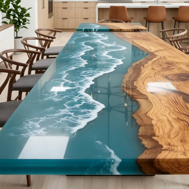 Seawavetable-straight edge handmade olive wood epoxy extendable dining table glossy finish