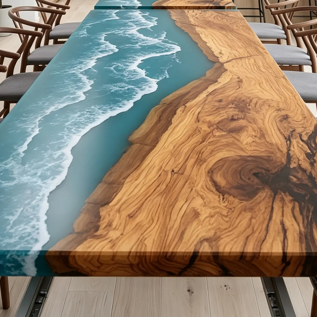 Seawavetable-kiln dried olive wood slab extendable epoxy table blue ocean surf resin artwork