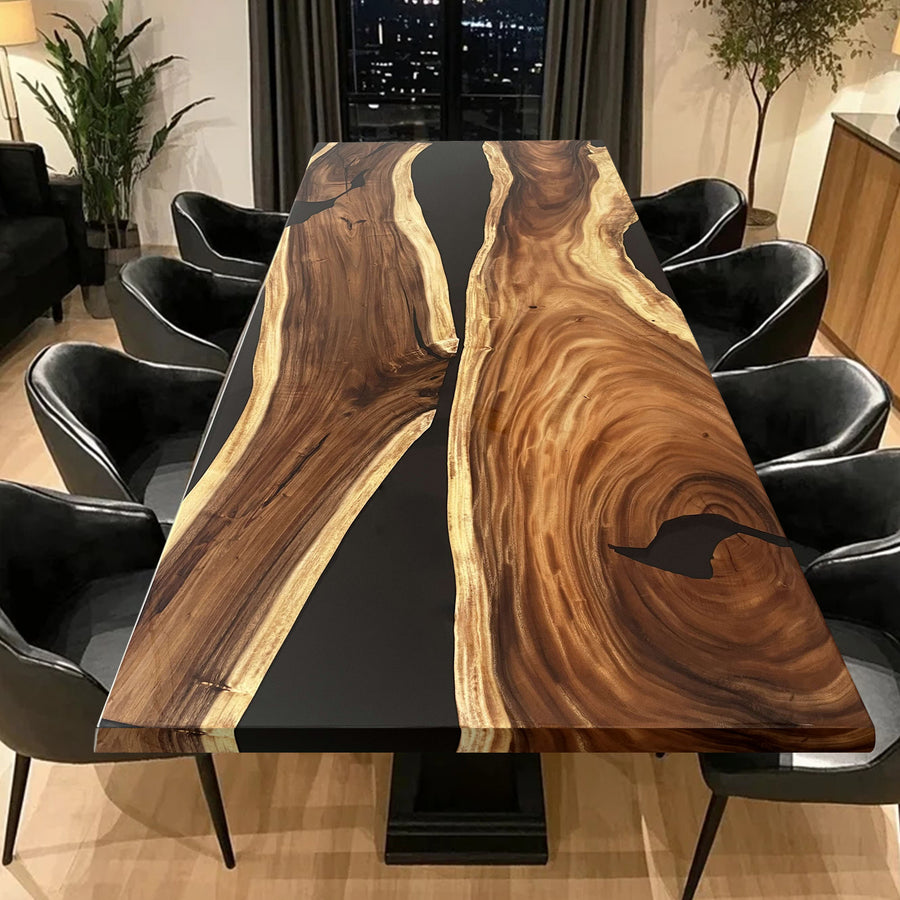 Custom epoxy walnut wood dining table with black resin and live edge design