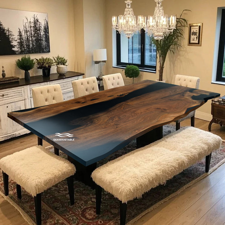 Seawavetable-Modern dining table made of black walnut wood and black epoxy river