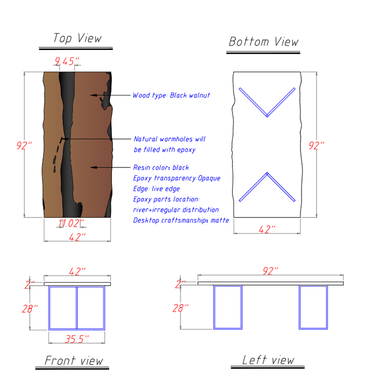 Seawavetable-Custom dining table with black walnut wood, live edges, and custom resin color