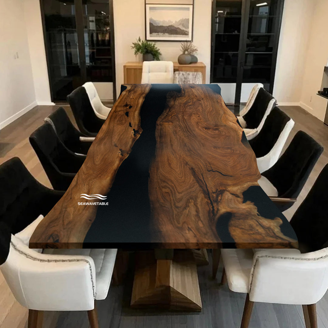 Seawavetable-Handcrafted live edge black walnut epoxy river table with black resin center
