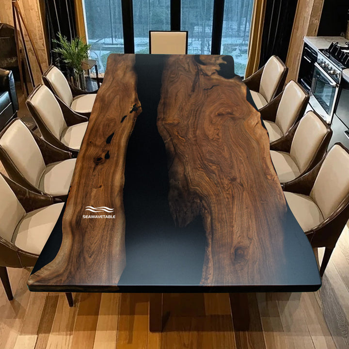 Seawavetable-Artisan-made live edge table with black epoxy river and matte finish
