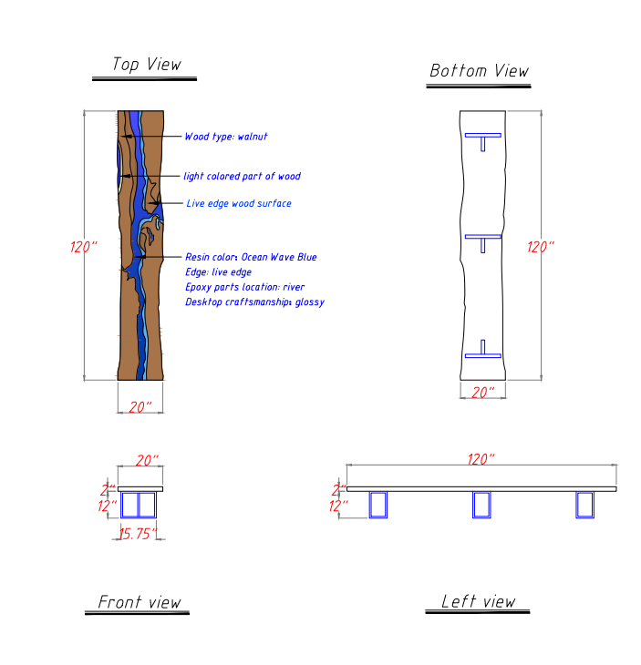 Natural Walnut Live Edge River Table with Crystal Clear Blue Resin - High-End Resin Art Furniture for Living Room