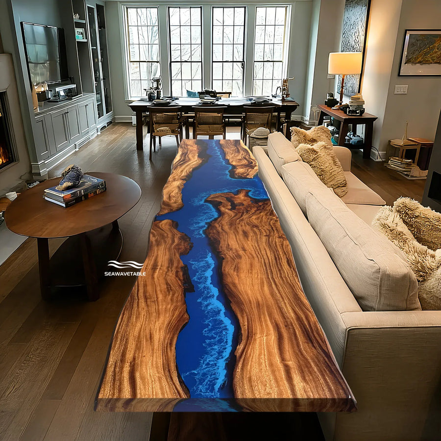 Blue River Epoxy Resin Solid Wood Slab Table - Handcrafted Live Edge Walnut River Table for Luxury Dining Room