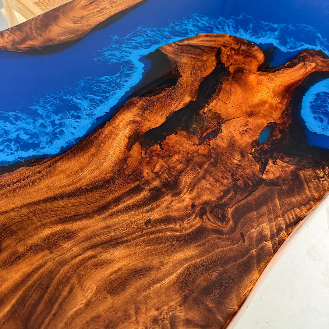 Unique Live Edge Blue Resin River Table - Handcrafted Solid Wood Furniture Perfect for Studio & Homestay
