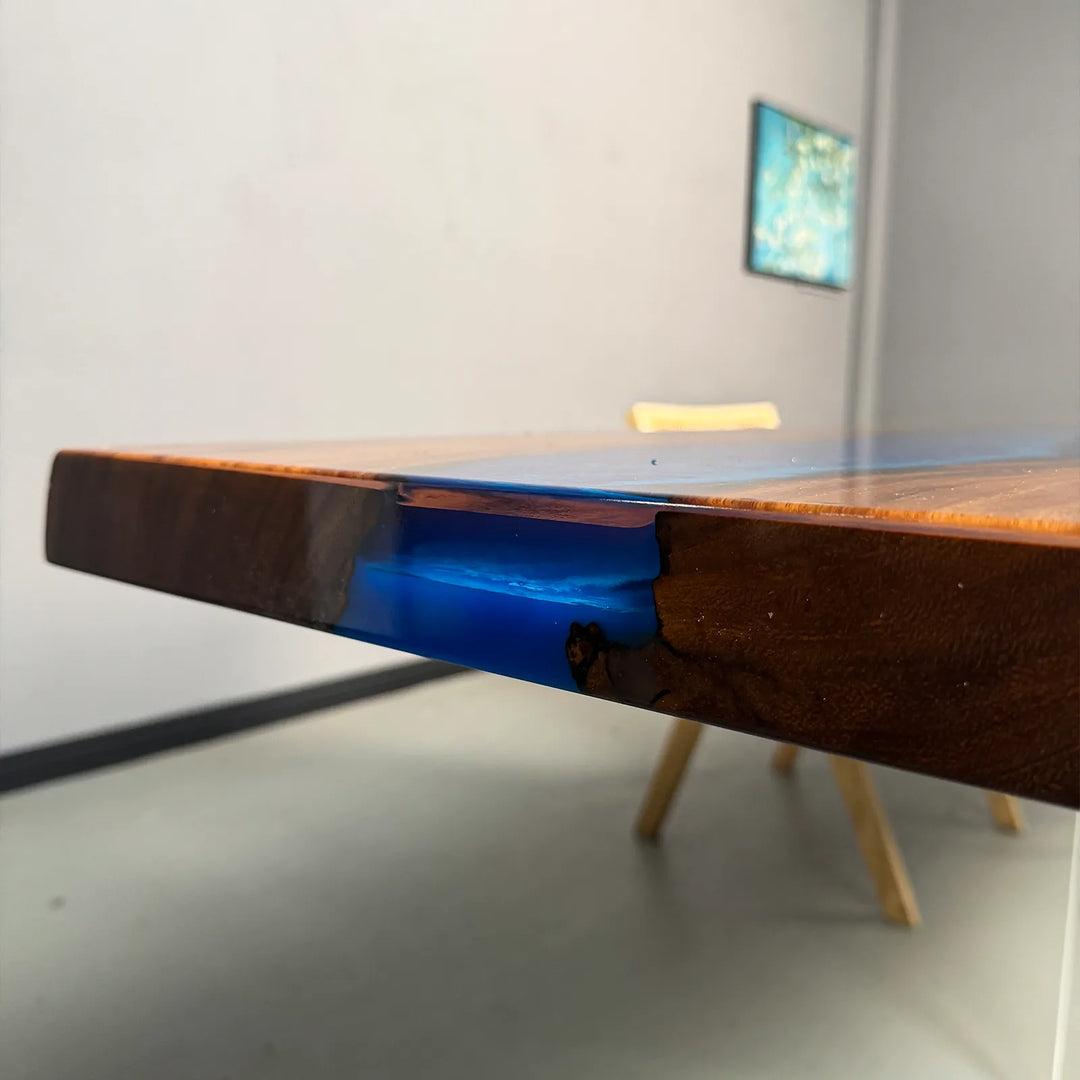 Bespoke Blue River Epoxy River Table - Handpolished Live Edge Acacia Table for Luxury Hotel Lobby & Cafe