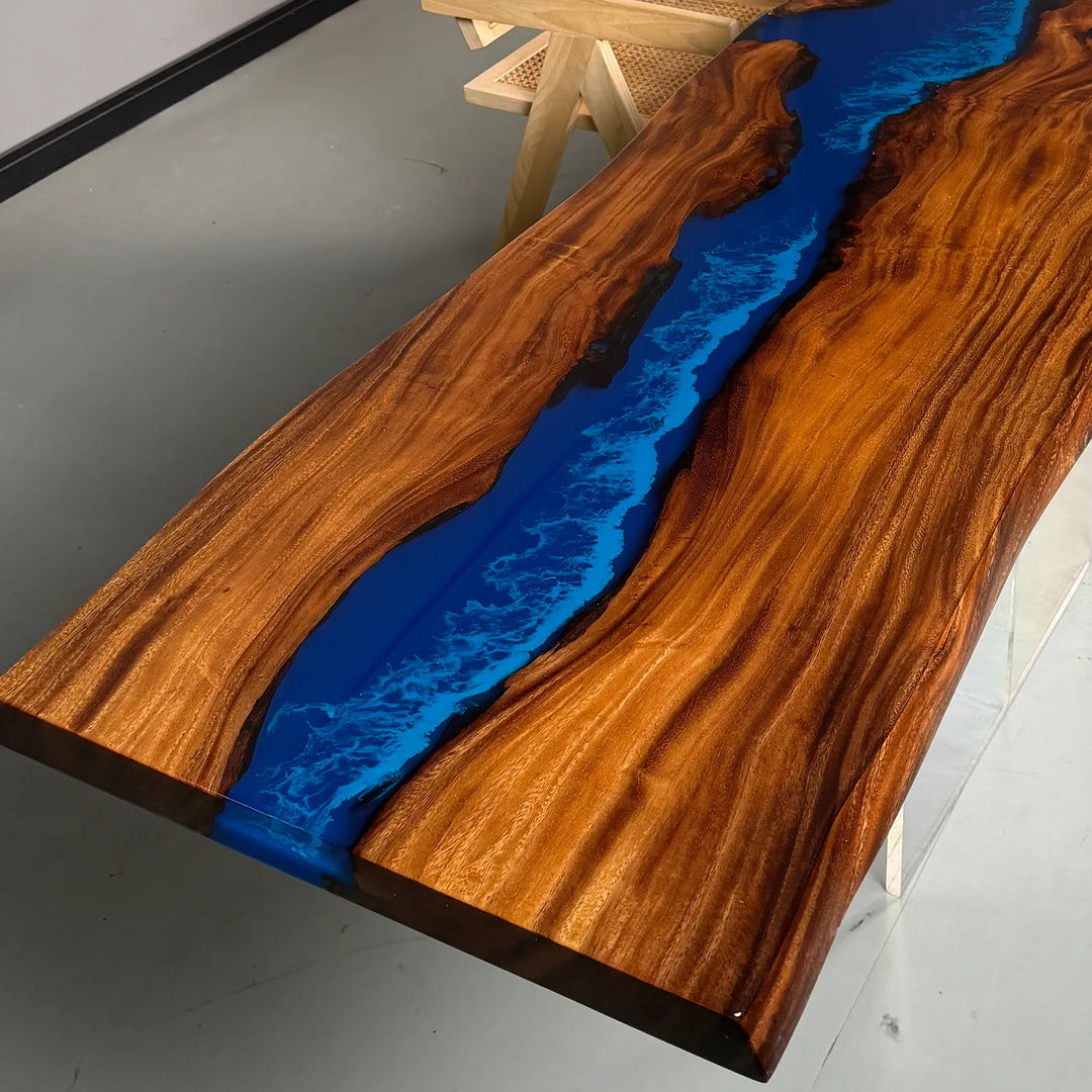 Nature-Inspired Blue Resin River Wood Table - Artisan Woodworking Masterpiece as Statement Dining & Decor Piece