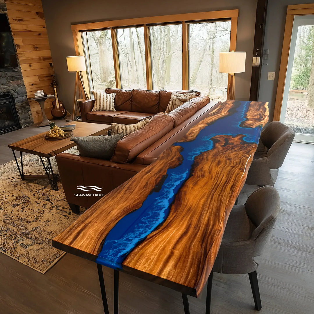 Sapphire Blue Resin River Table with Natural Walnut Wood Slab - Artisan Woodworking Furniture for Home Office