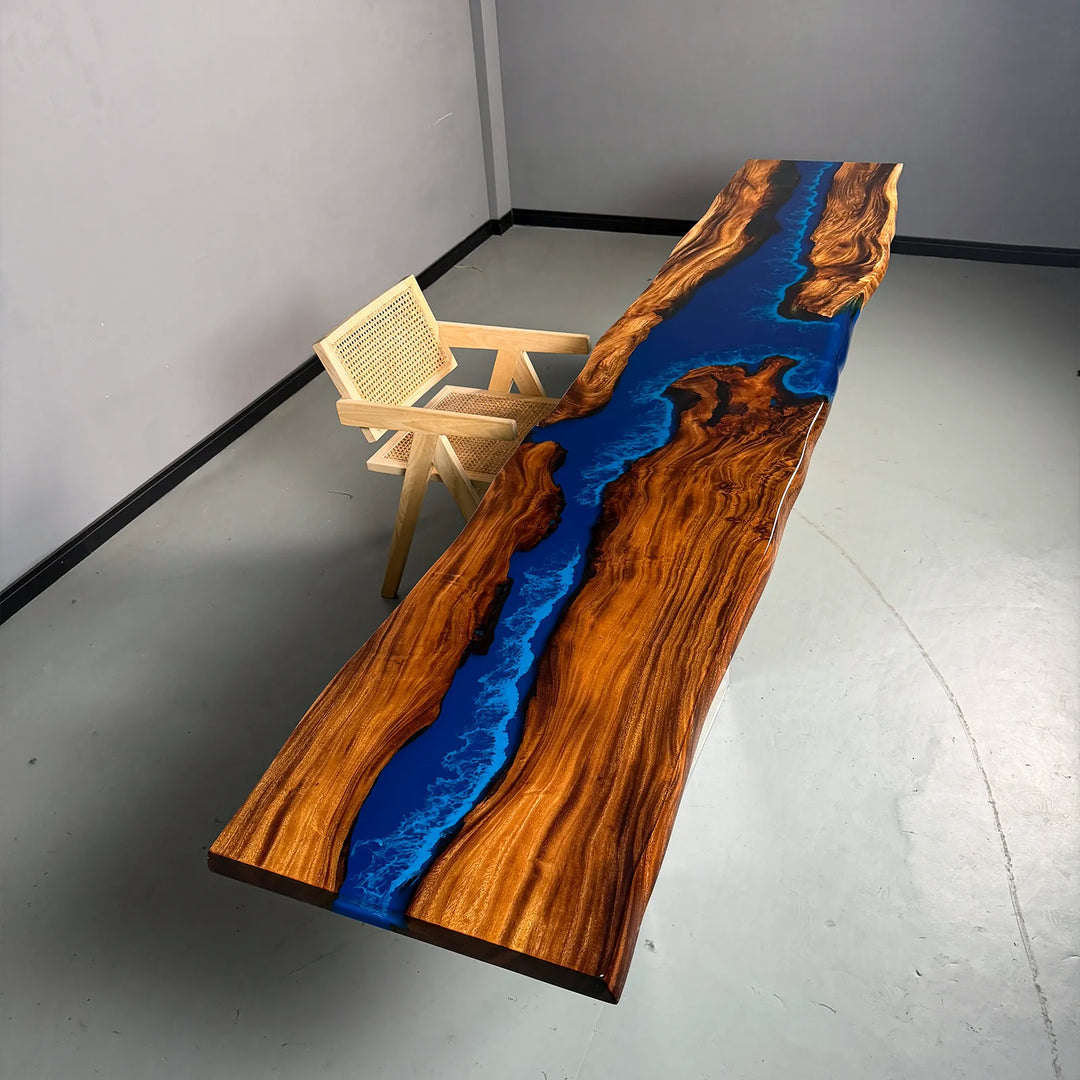 Luxury Blue River Resin Wood Slab Table - Customizable Artisan Woodworking Furniture with Food-Grade Resin