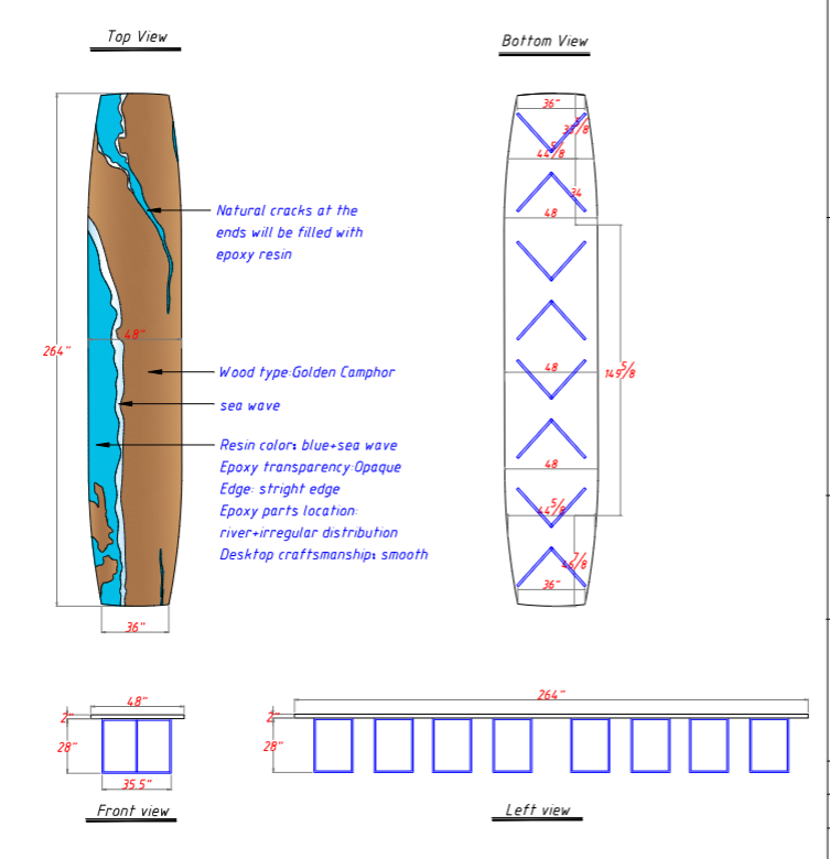 Seawavetable-Designer epoxy resin river table with custom metal legs