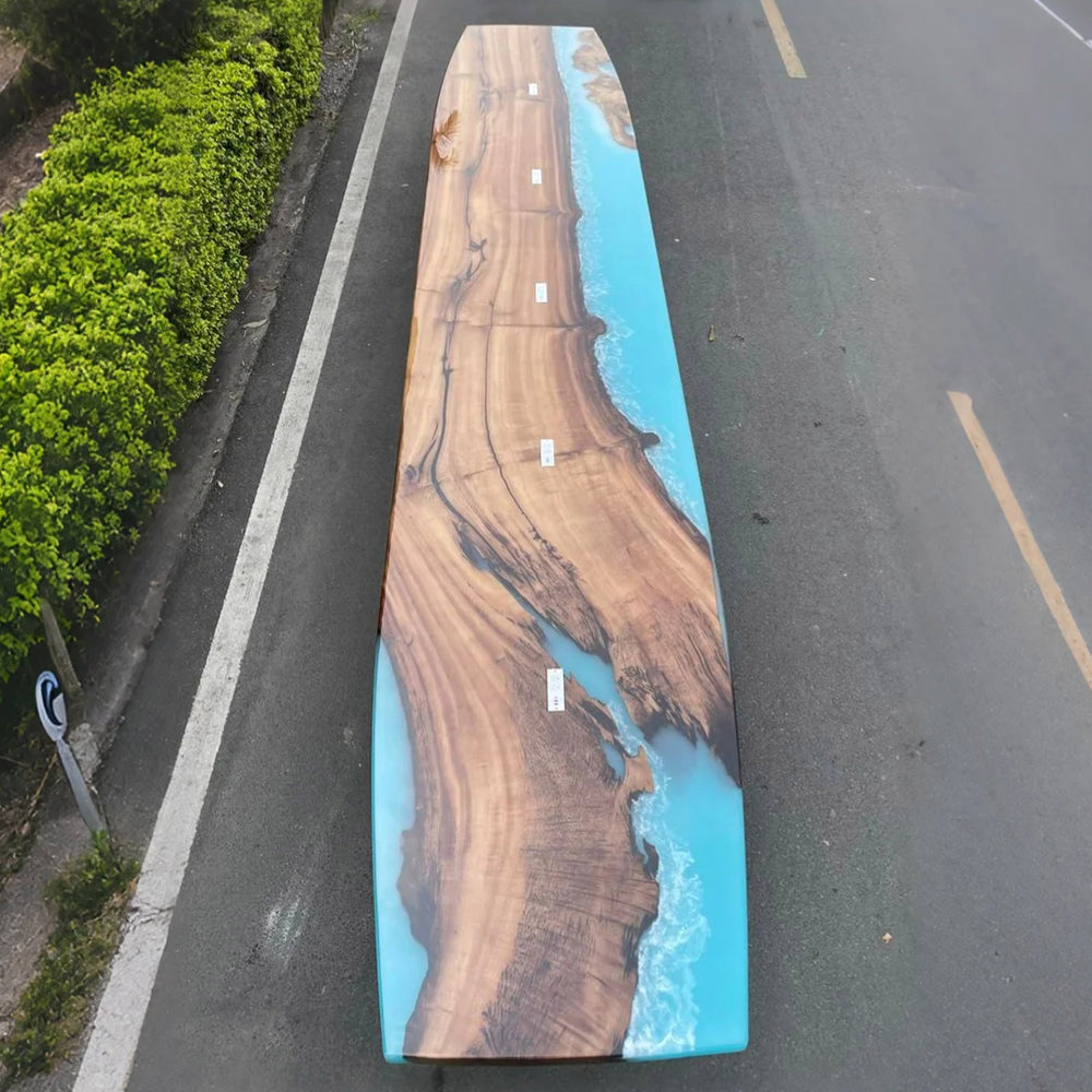 Seawavetable-Large custom epoxy wood table made from Golden Camphor and blue resin