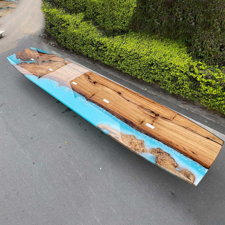 Seawavetable-Modern dining epoxy table with natural wood grain and resin river