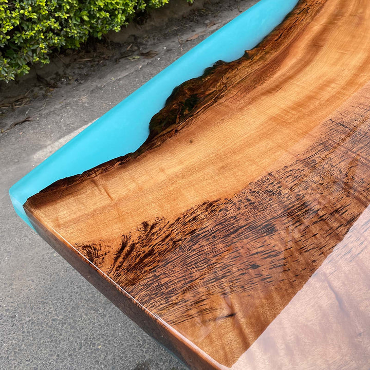 Seawavetable-Custom epoxy resin table in boat shape with blue river effect