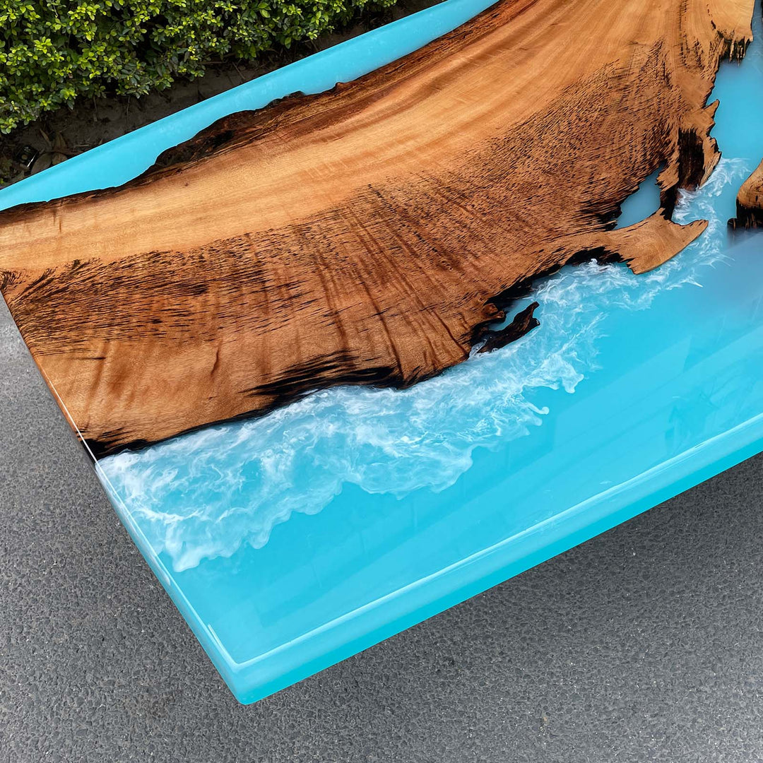 Seawavetable-Unique epoxy wood table with live edge and boat-shaped top