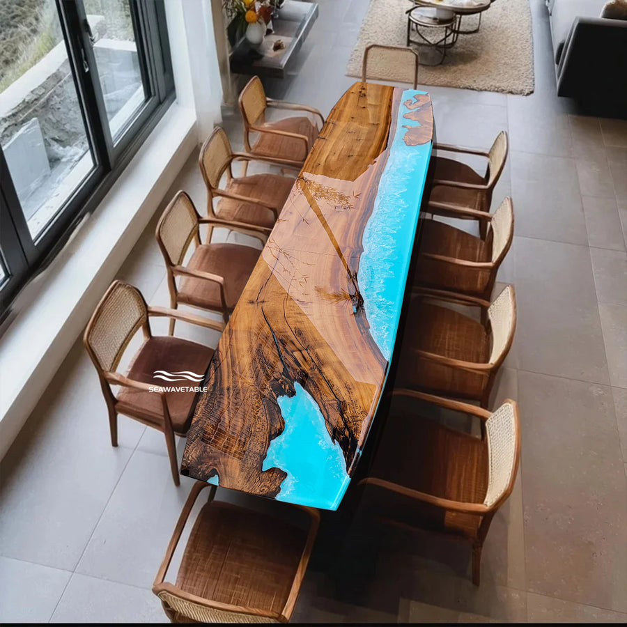 Seawavetable-Boat-shaped Golden Camphor epoxy resin table with blue river design