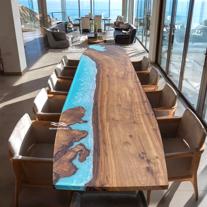 Seawavetable-Ocean-inspired epoxy resin table with boat-shaped design