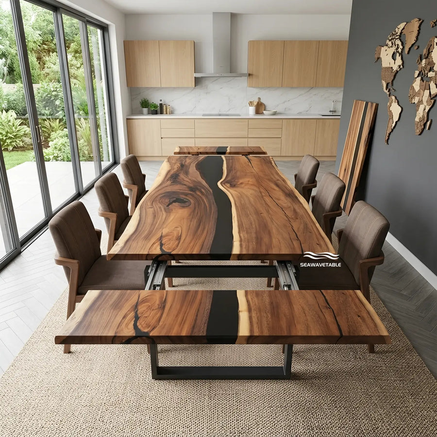 Seawavetable-Solid walnut live edge extendable river dining table with opaque black epoxy high gloss finish