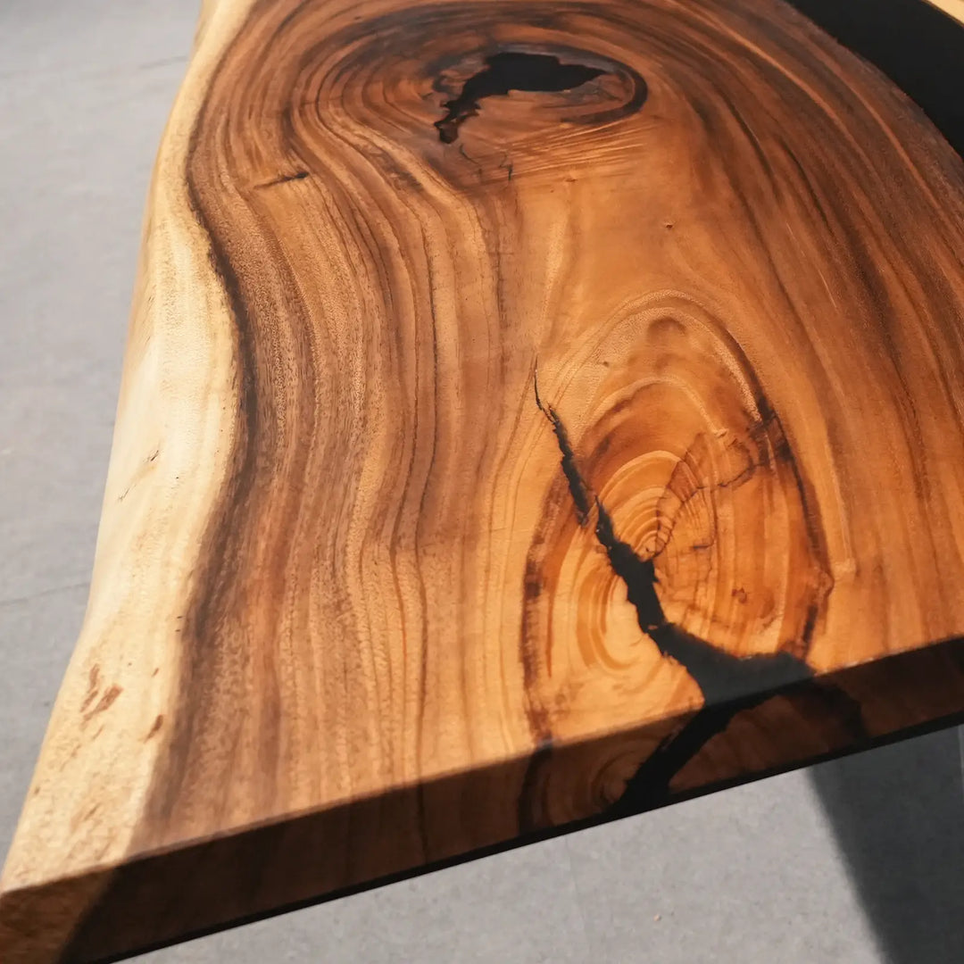 Seawavetable-Foldable walnut dining table with continuous black epoxy river high gloss