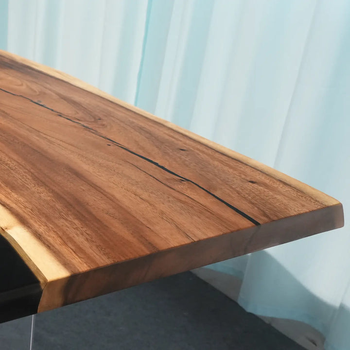 Seawavetable-High gloss opaque black resin river table solid walnut live edge