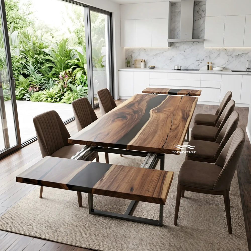 Seawavetable-Handmade expandable walnut epoxy river table for family gatherings, live edge wood