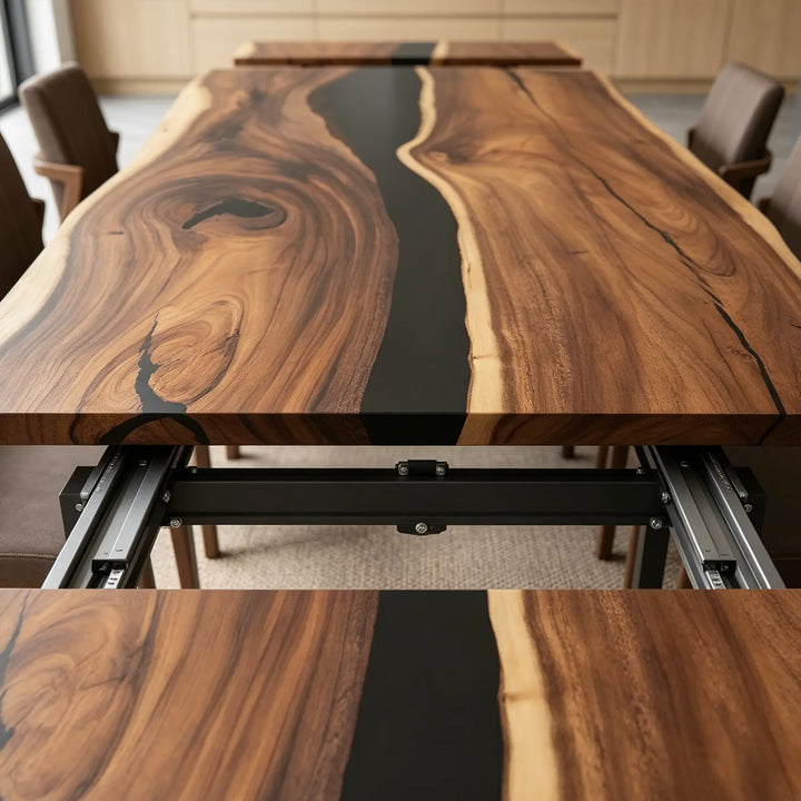 Seawavetable-High gloss black resin live edge walnut extendable dining table