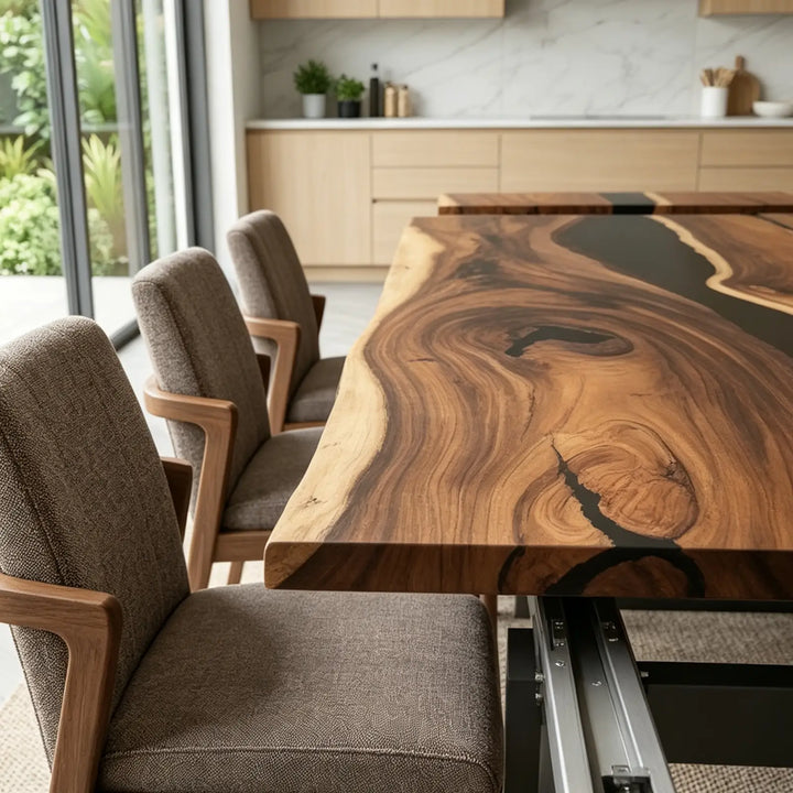 Seawavetable-Custom live edge walnut river table with fold out extension leaves