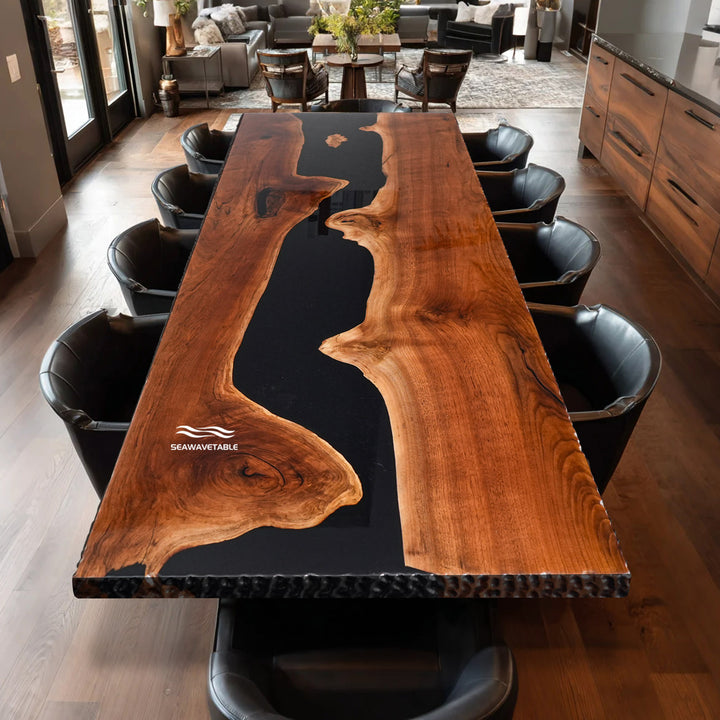 Seawavetable-Colorado chiseled edge black walnut chiseled edge resin table with high-gloss epoxy river