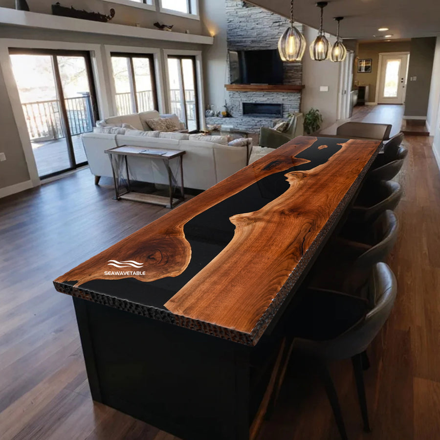 Seawavetable-Luxury chiseled edge resin table with reflective high-gloss epoxy finish