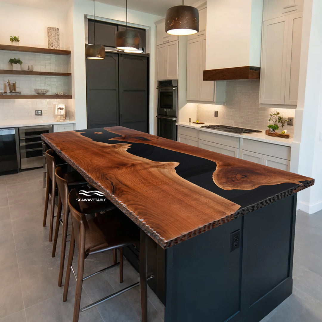 Seawavetable-Colorado mountain home dining table – chiseled edge black walnut table