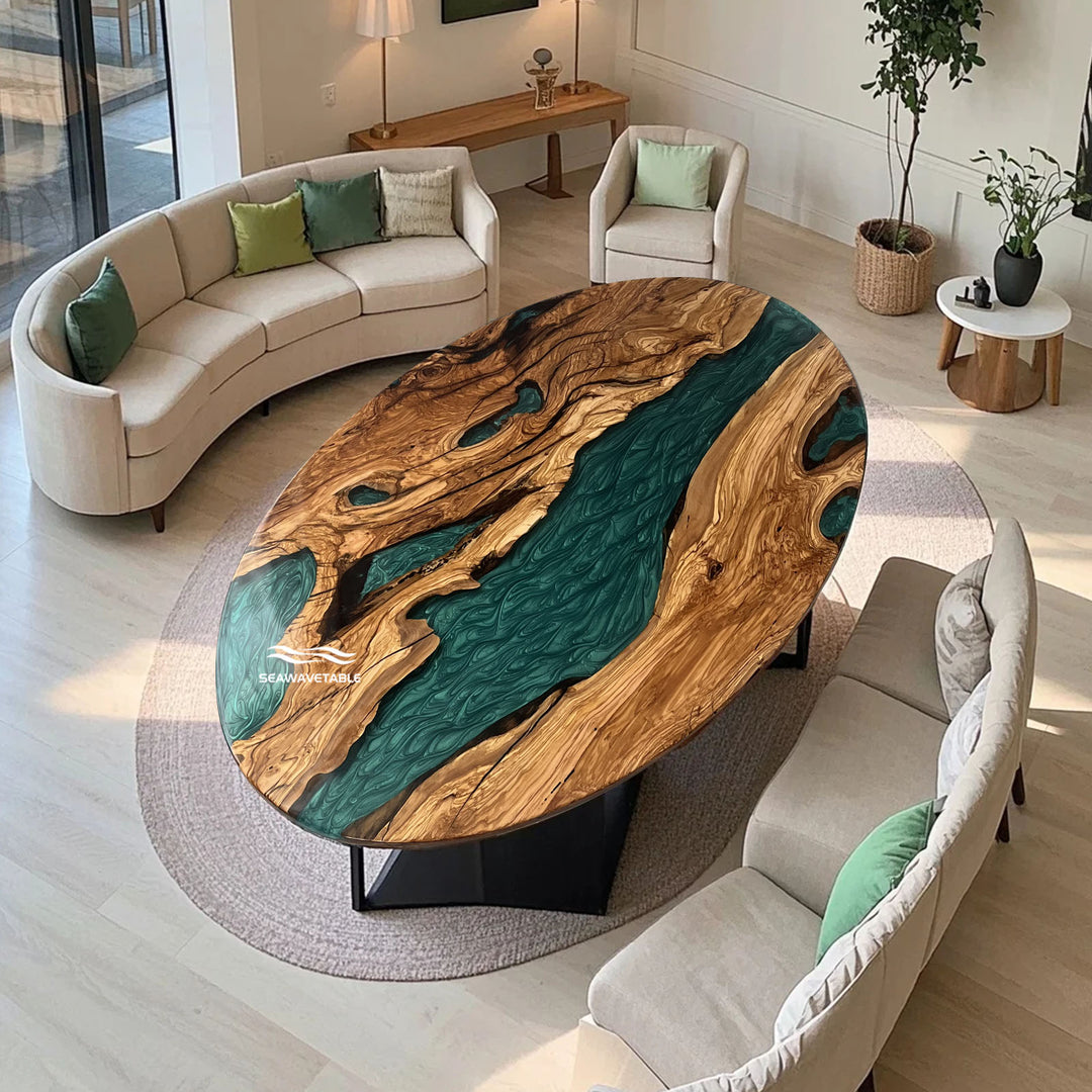 Seawavetable-Oval olive wood epoxy dining table with ocean-inspired resin river