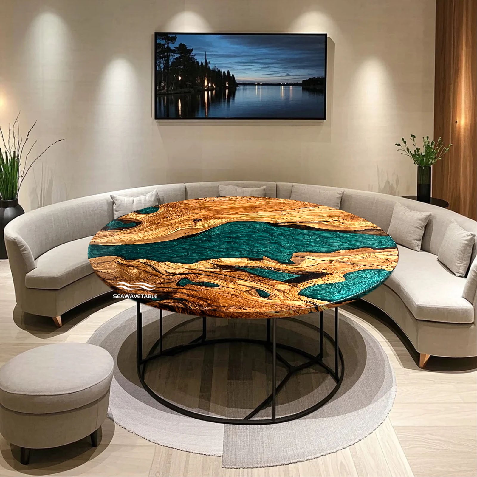 Custom Oval Olive Wood Epoxy Dining Table CRT-073 – SEAWAVETABLE