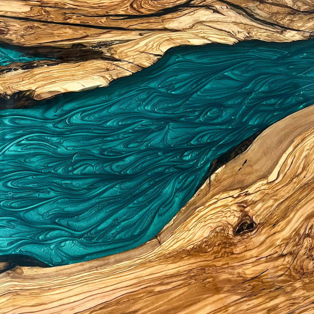 Seawavetable-Oval epoxy river table with natural olive wood grain