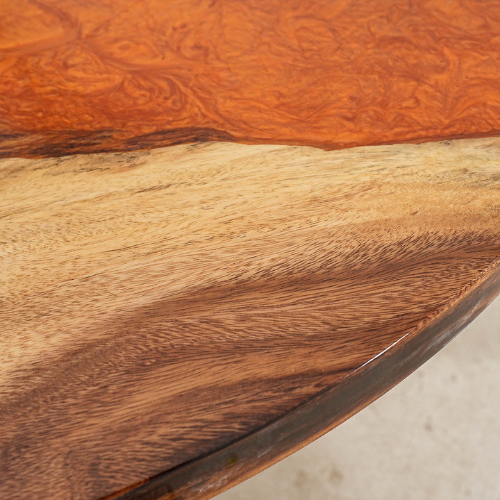SeawaveTable-Artistic walnut wood and orange epoxy table, perfect as a dining centerpiece.