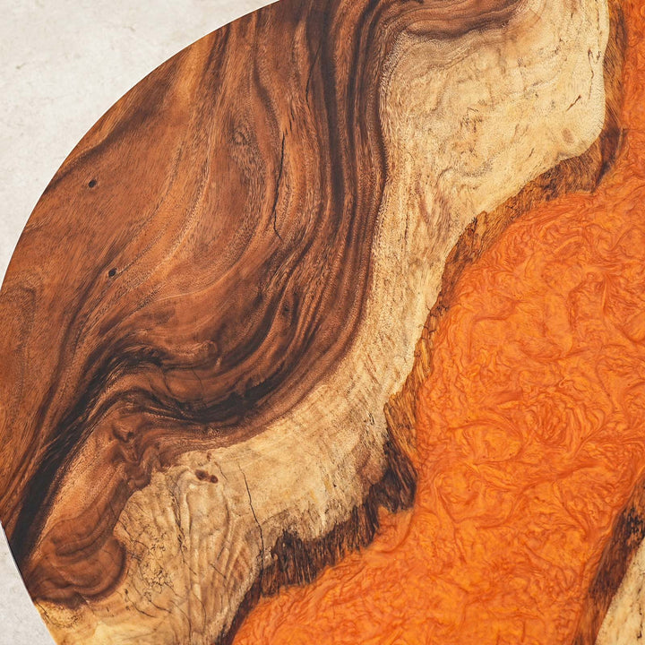 SeawaveTable-Customizable epoxy dining table in vibrant orange with natural walnut wood.