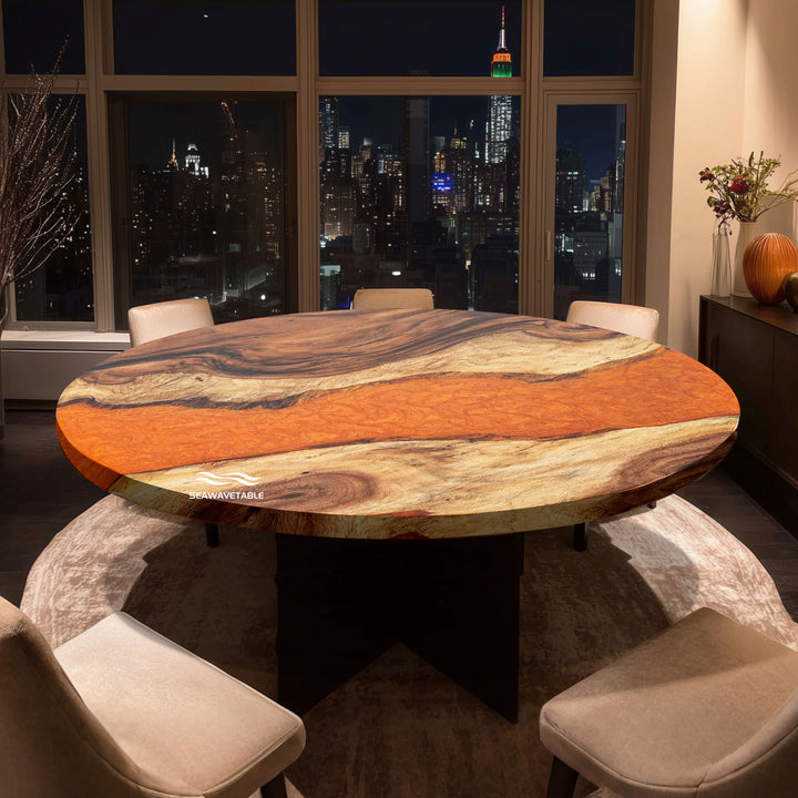 SeawaveTable-Handmade epoxy table with live edge walnut wood and glossy orange resin.