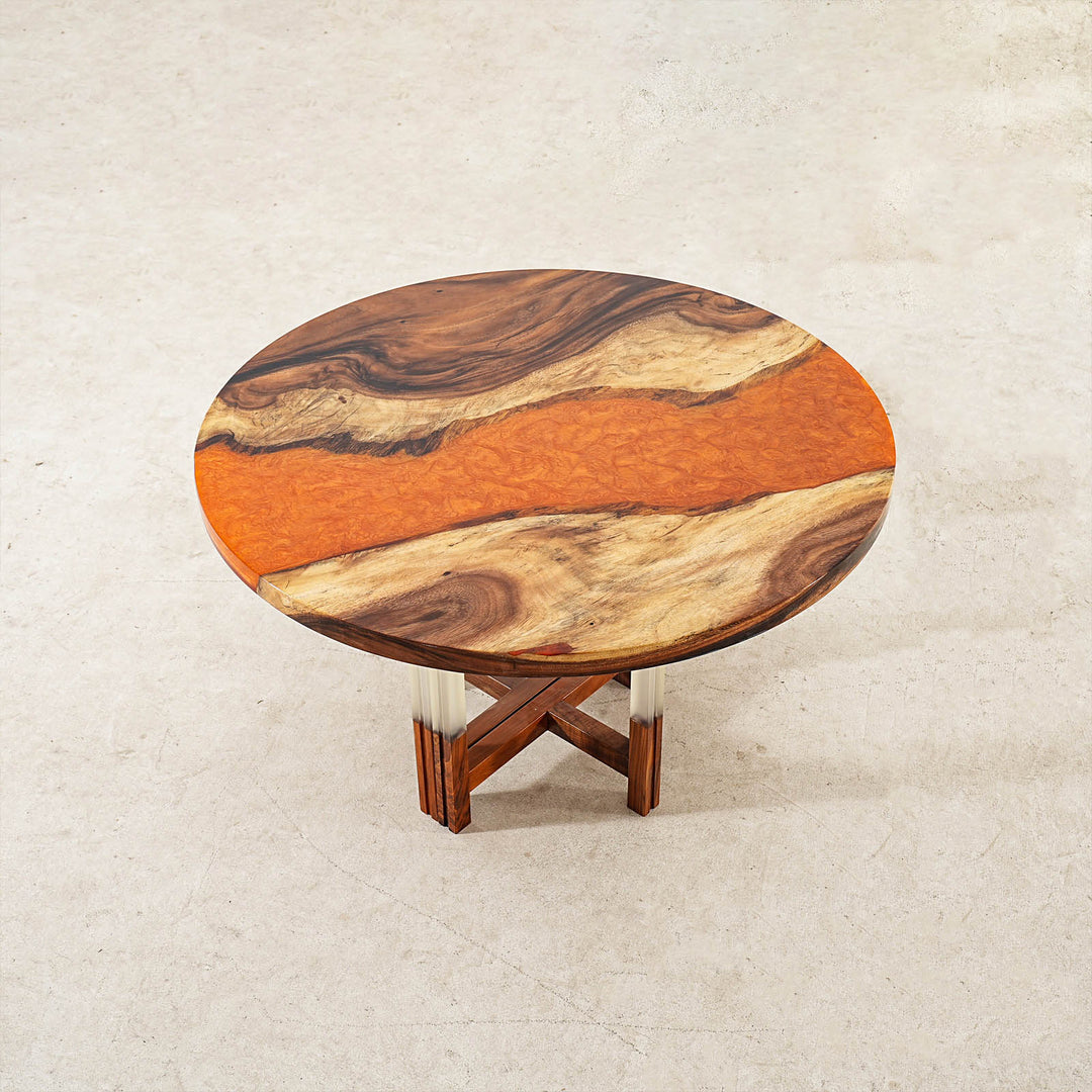 SeawaveTable-Modern custom dining table featuring a round walnut wood top and bright epoxy resin.
