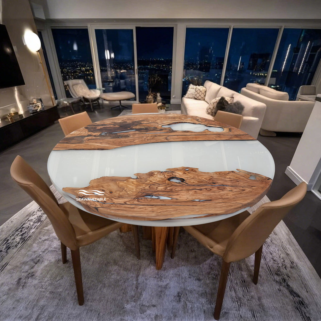 Seawavetable-Modern round epoxy resin dining table with natural olive wood grain
