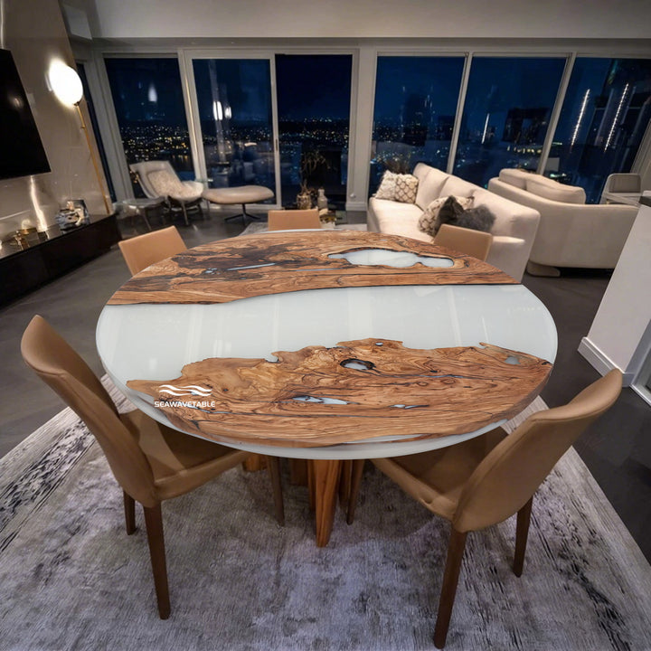 Seawavetable-Modern round epoxy resin dining table with natural olive wood grain