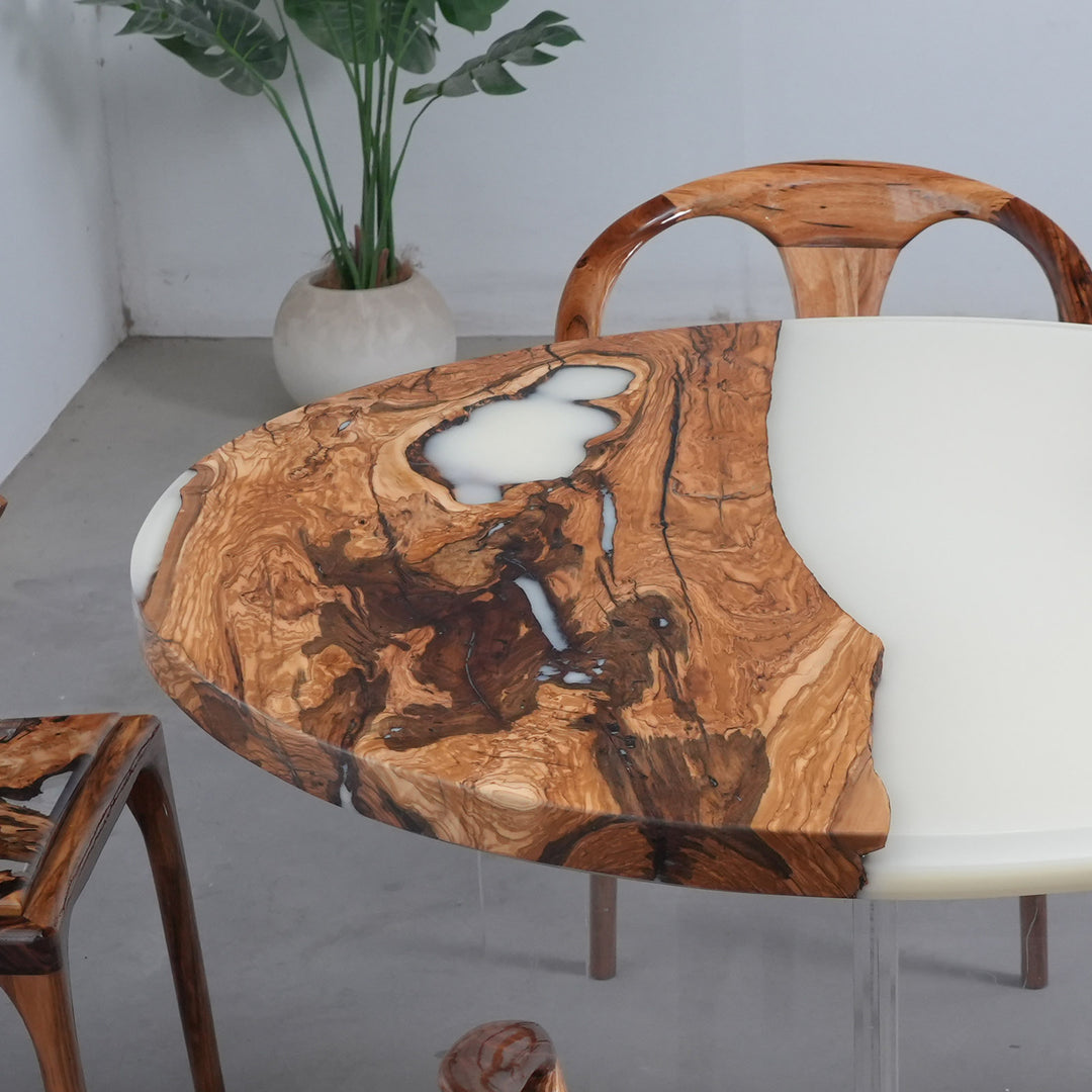 Seawavetable-Custom handmade epoxy resin table blending matte olive wood and glossy white resin