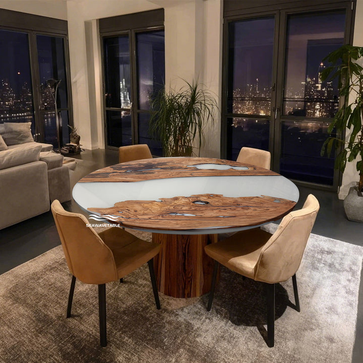 Seawavetable-Olive Wood White Epoxy Round Table with glossy resin and matte wood finish
