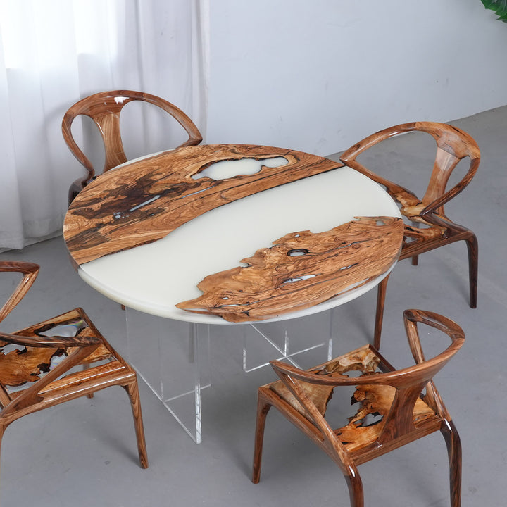 Seawavetable-Epoxy resin table showing contrast of glossy resin and matte olive wood