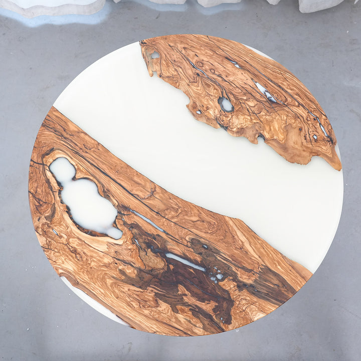 Seawavetable-Custom epoxy table featuring glossy white resin and matte olive wood surface